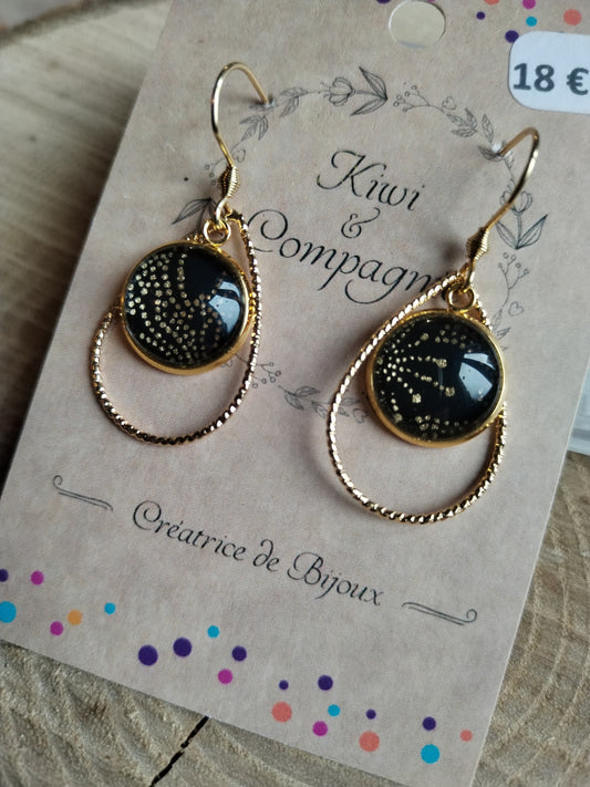 Boucles d'oreilles cabochons ronds 12mm - Acier inoxydable doré - Forme goutte - Papier japonais floral doré et fond noir