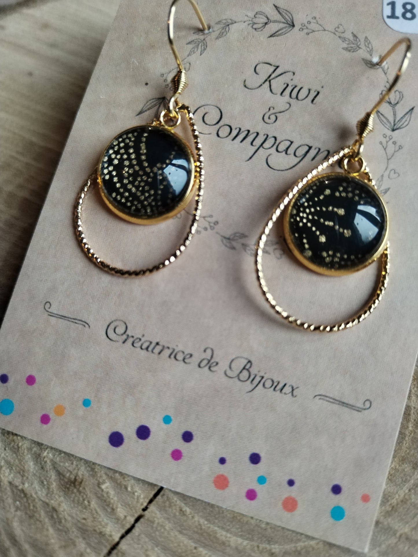 Boucles d'oreilles cabochons ronds 12mm - Acier inoxydable doré - Forme goutte - Papier japonais floral doré et fond noir