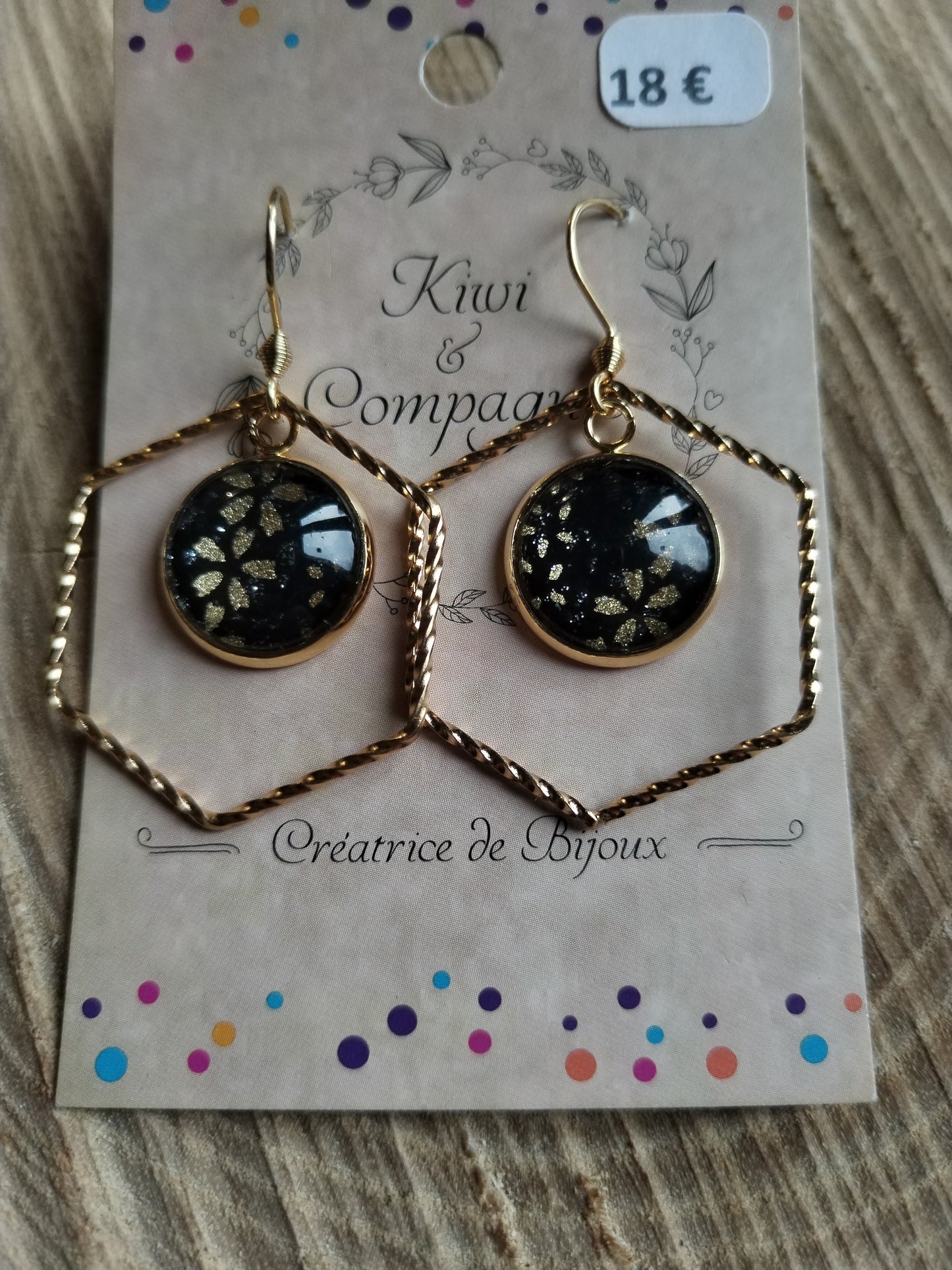 Boucles d'oreilles cabochons ronds 14mm - Acier inoxydable doré - Forme hexagone- Papier japonais floral doré et fond noir