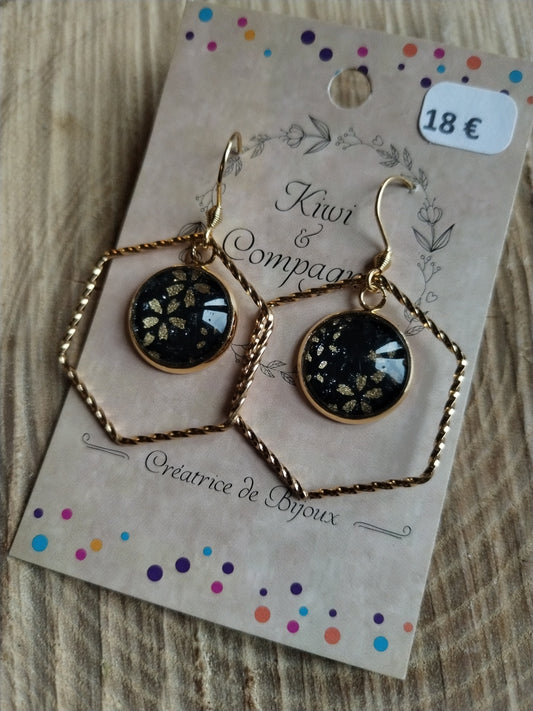 Boucles d'oreilles cabochons ronds 14mm - Acier inoxydable doré - Forme hexagone- Papier japonais floral doré et fond noir