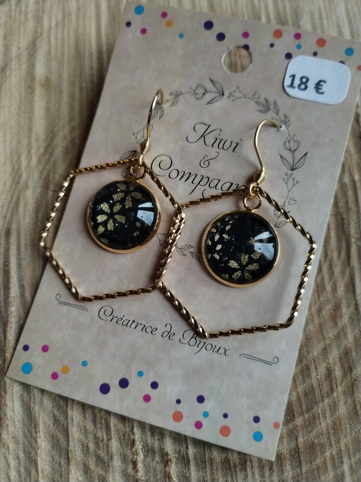 Boucles d'oreilles cabochons ronds 14mm - Acier inoxydable doré - Forme hexagone- Papier japonais floral doré et fond noir