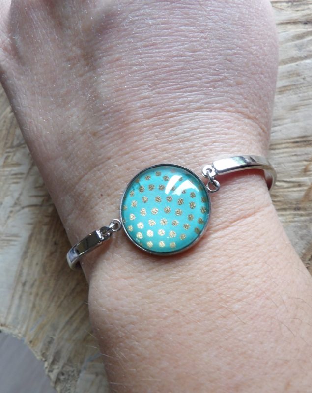 Bracelet rigide acier inoxydable - Pois dorés fond vert