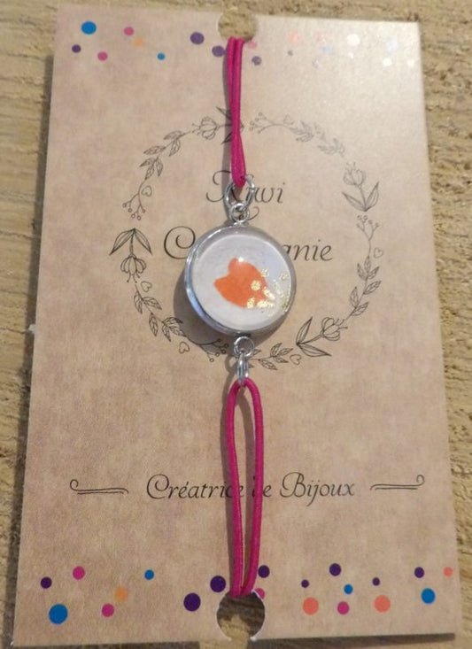 Bracelet élastique couleur rose avec cabochon 14mm - papier japonais fond rose et fleur orange