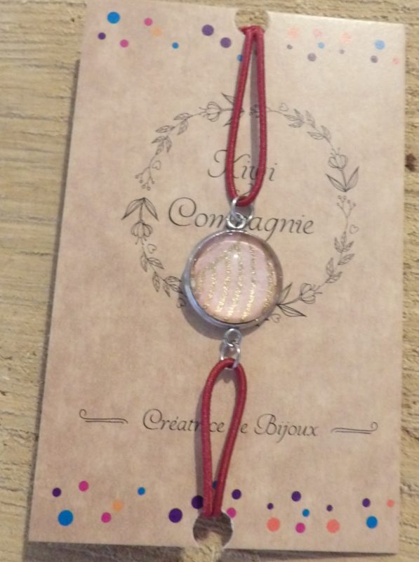 Bracelet élastique couleur bordeau avec cabochon 14mm - papier japonais fond rose et doré