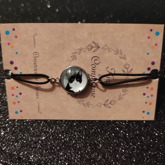 Bracelet élastique couleur noir avec cabochon 14mm - papier chat