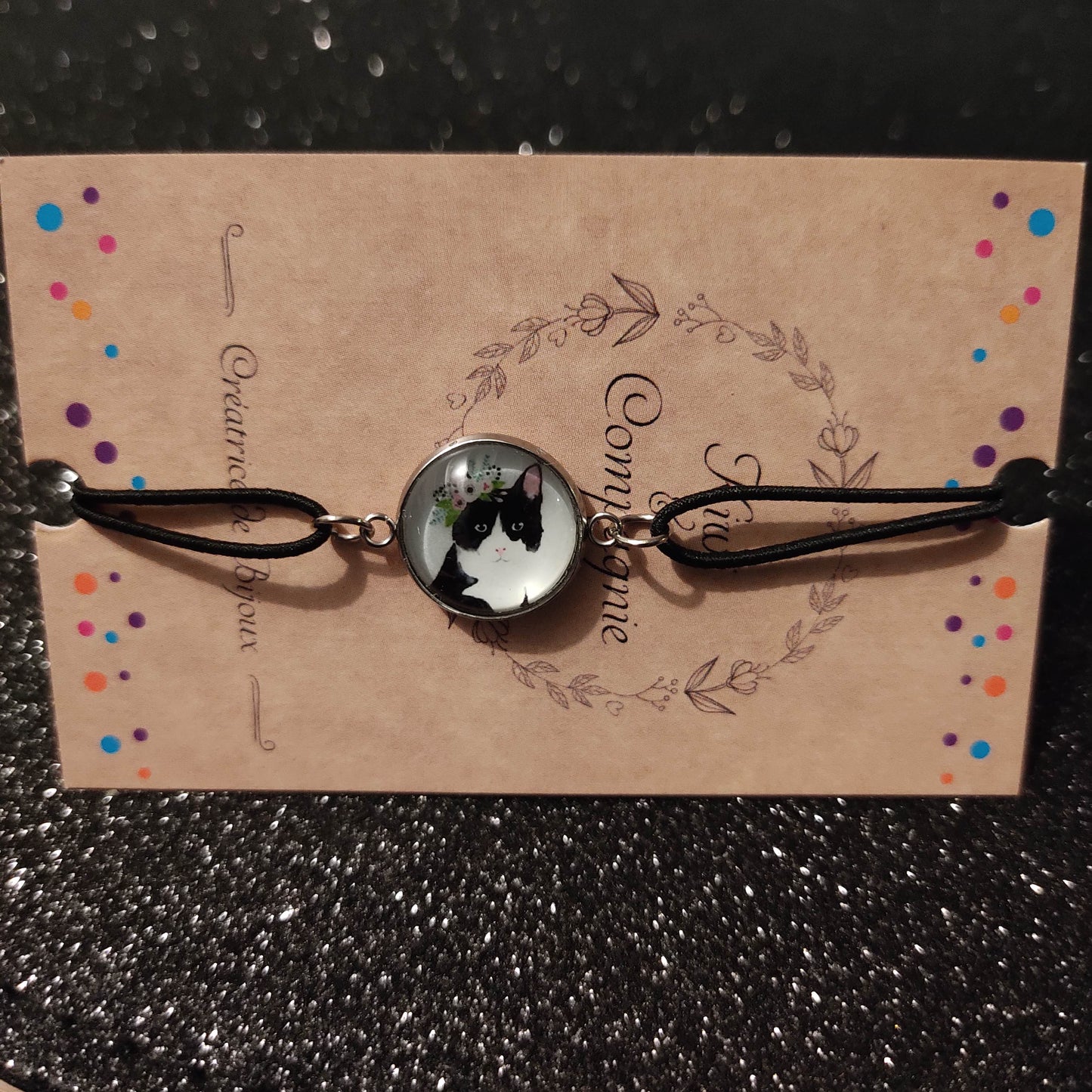 Bracelet élastique couleur noir avec cabochon 14mm - papier chat