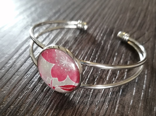 Bracelet manchette - acier inoxydable - papier japonais floral rose, fond crème
