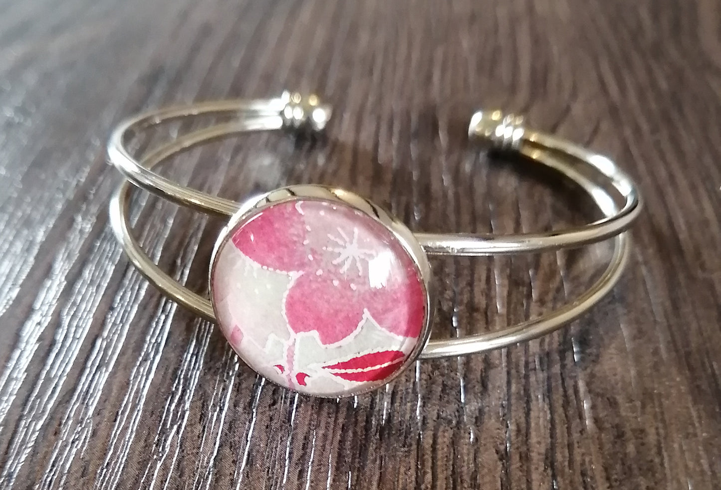 Bracelet manchette - acier inoxydable - papier japonais floral rose, fond crème
