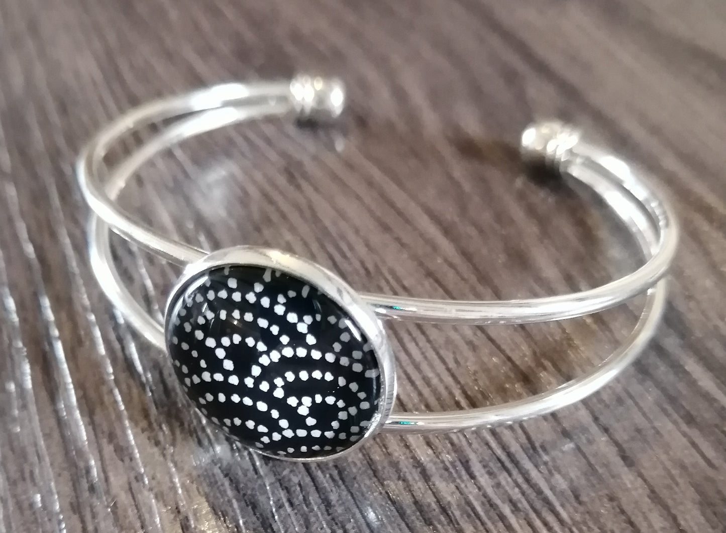 Bracelet manchette - acier inoxydable - pois blanc fond noir