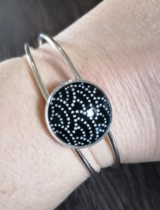 Bracelet manchette - acier inoxydable - pois blanc fond noir