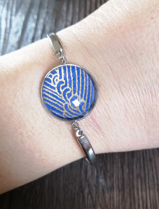 Bracelet rigide acier inoxydable - 20mm - Graphique doré, fond bleu