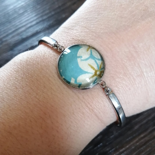Bracelet rigide acier inoxydable - 20mm - Floral fond bleu glacier