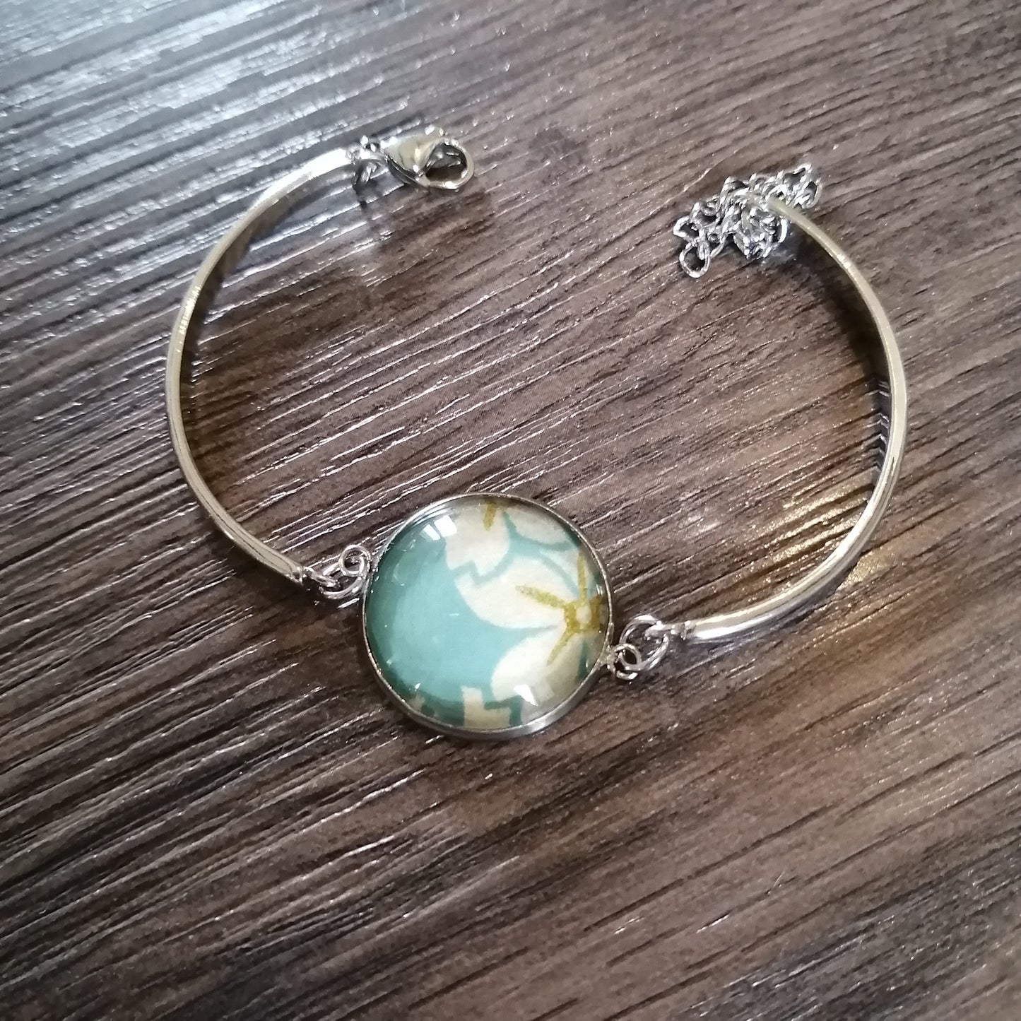 Bracelet rigide acier inoxydable - 20mm - Floral fond bleu glacier