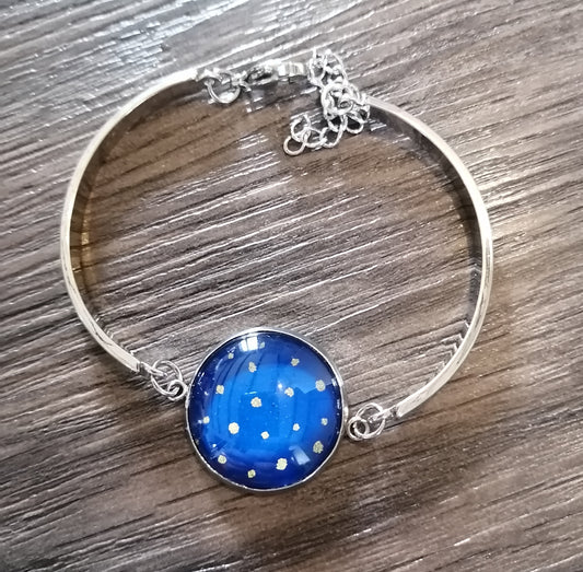 Bracelet rigide acier inoxydable - 20mm - Pois dorés, fond bleu royal
