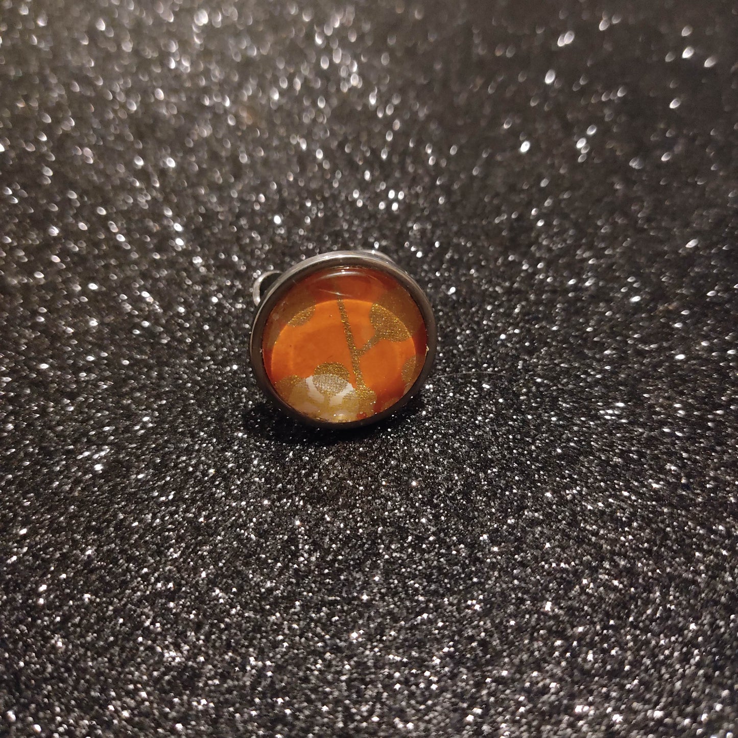 Bague ajustable ronde cabochon 20mm - Métal argenté - papier japonais branche et fleurs de cerisier doré - orange