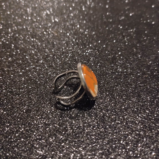 Bague ajustable ronde cabochon 20mm - Métal argenté - papier japonais branche et fleurs de cerisier doré - orange