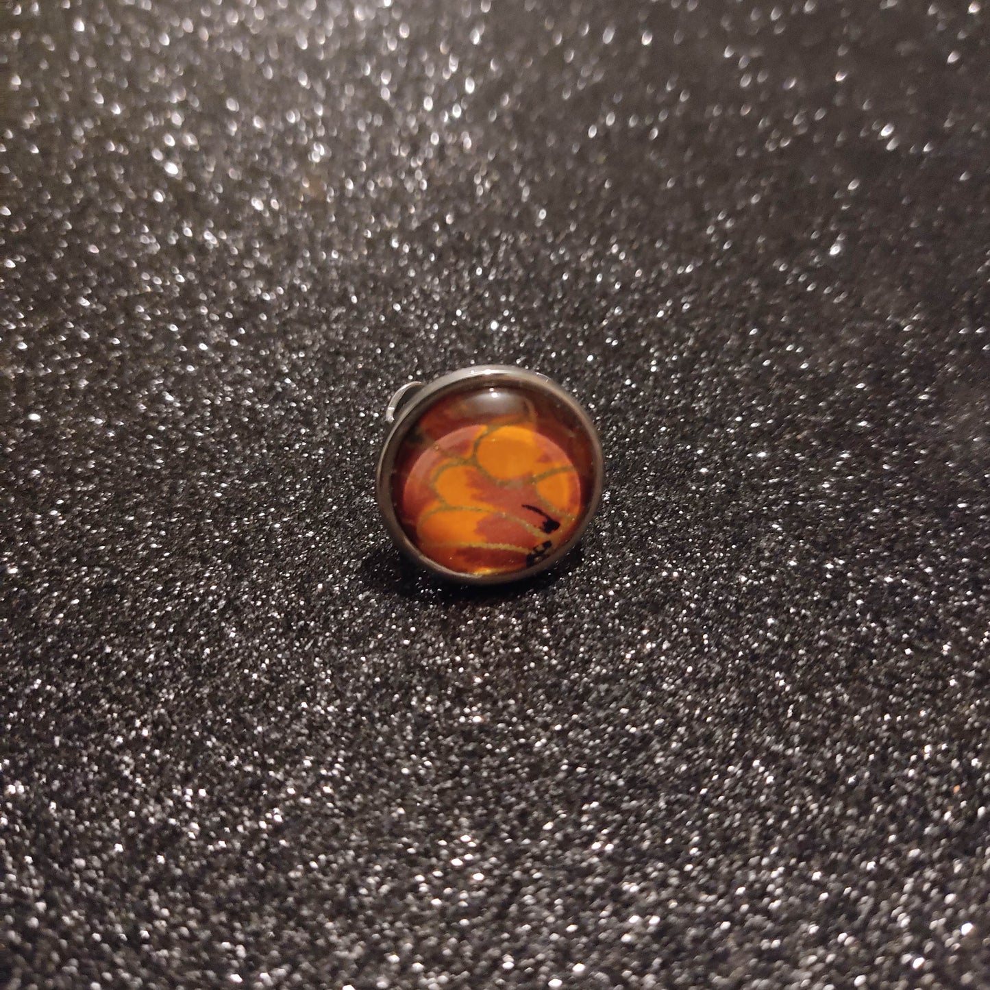 Bague ajustable ronde cabochon 20mm - Métal argenté - papier japonais fleurs de cerisier - orange, rouge et doré