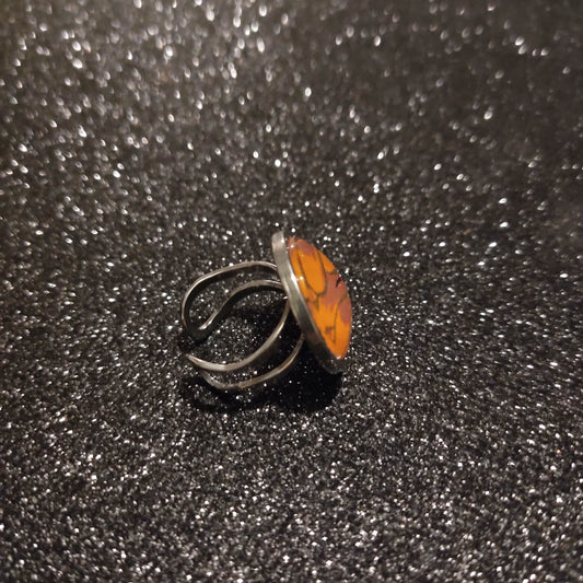 Bague ajustable ronde cabochon 20mm - Métal argenté - papier japonais fleurs de cerisier - orange, rouge et doré