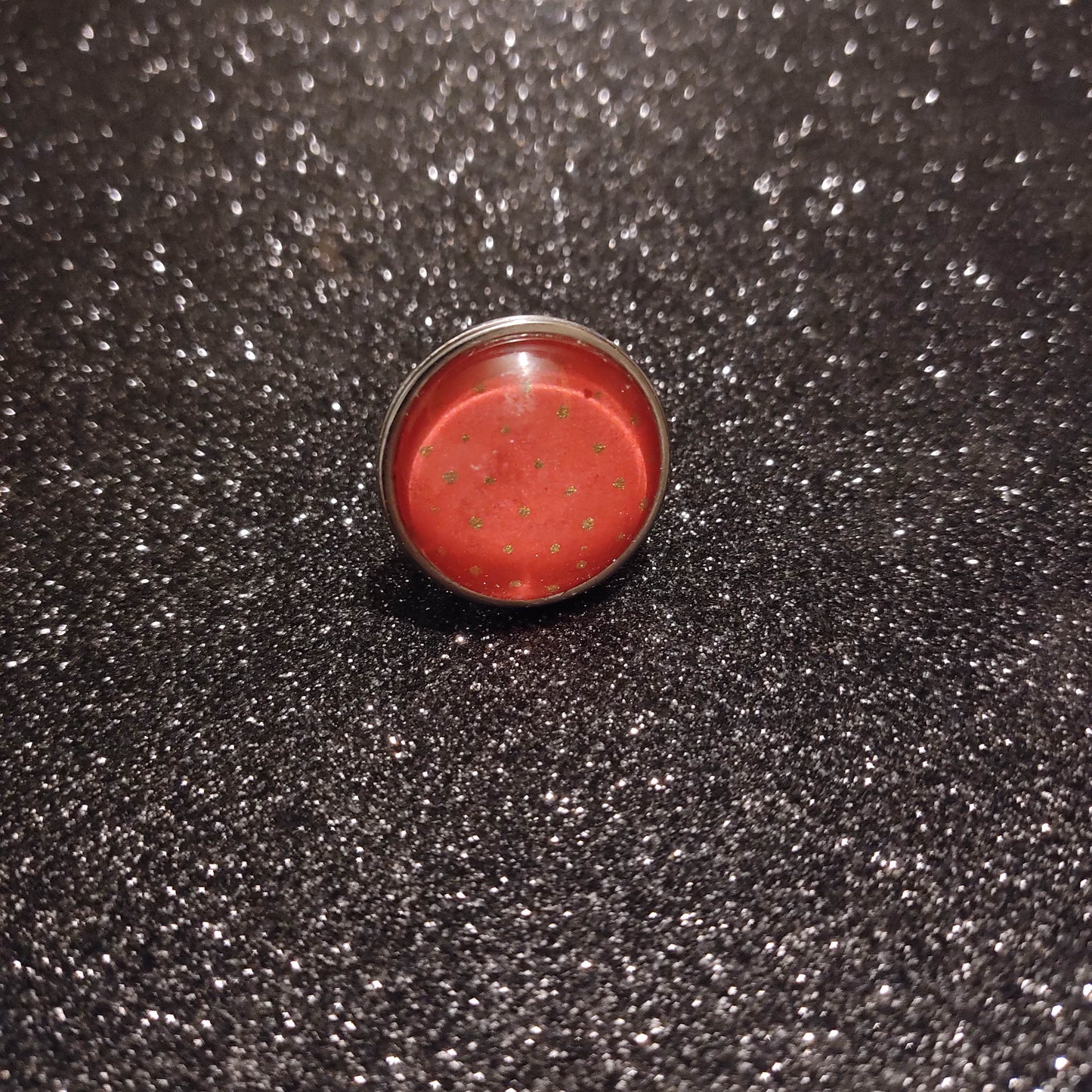 Bague ajustable ronde cabochon 25mm - Métal argenté - papier japonais pois doré et rose