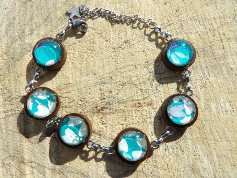 Bracelet 6 cabochons - papier japonais floral blanc fond turquoise