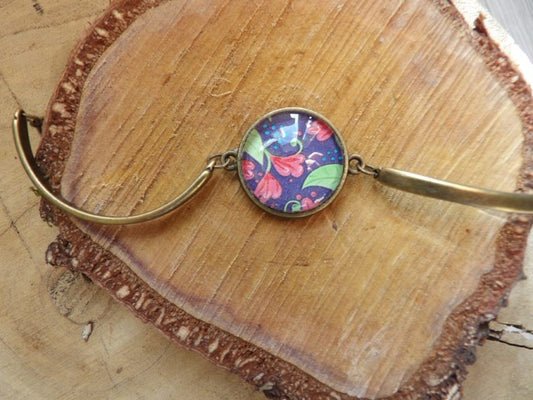 Bracelet rigide bronze - floral rouge fond violet