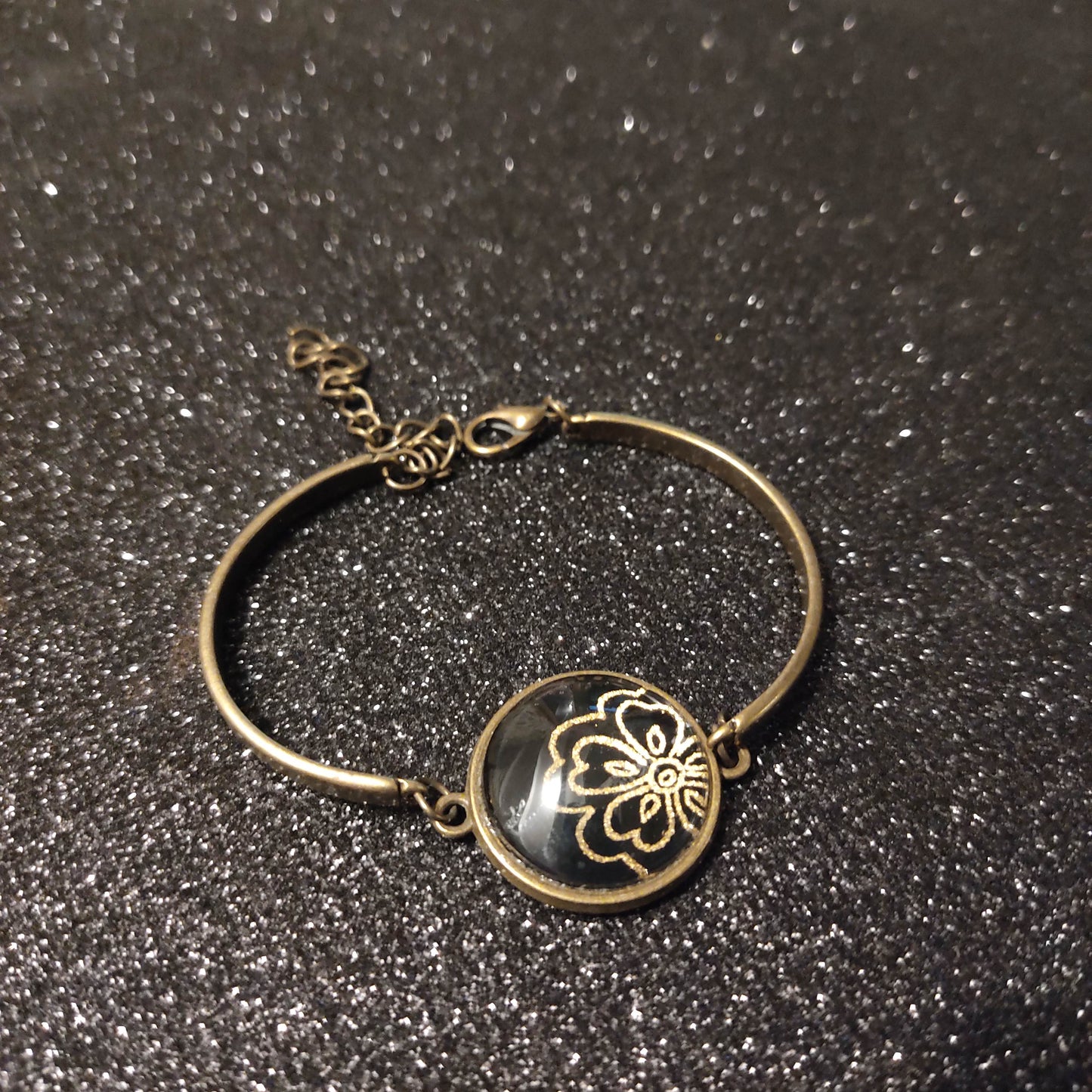Bracelet rigide bronze - 20mm - Papier japonais fleurs dorées - noir