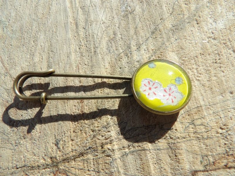 Broche bronze - Papier japonais floral jaune