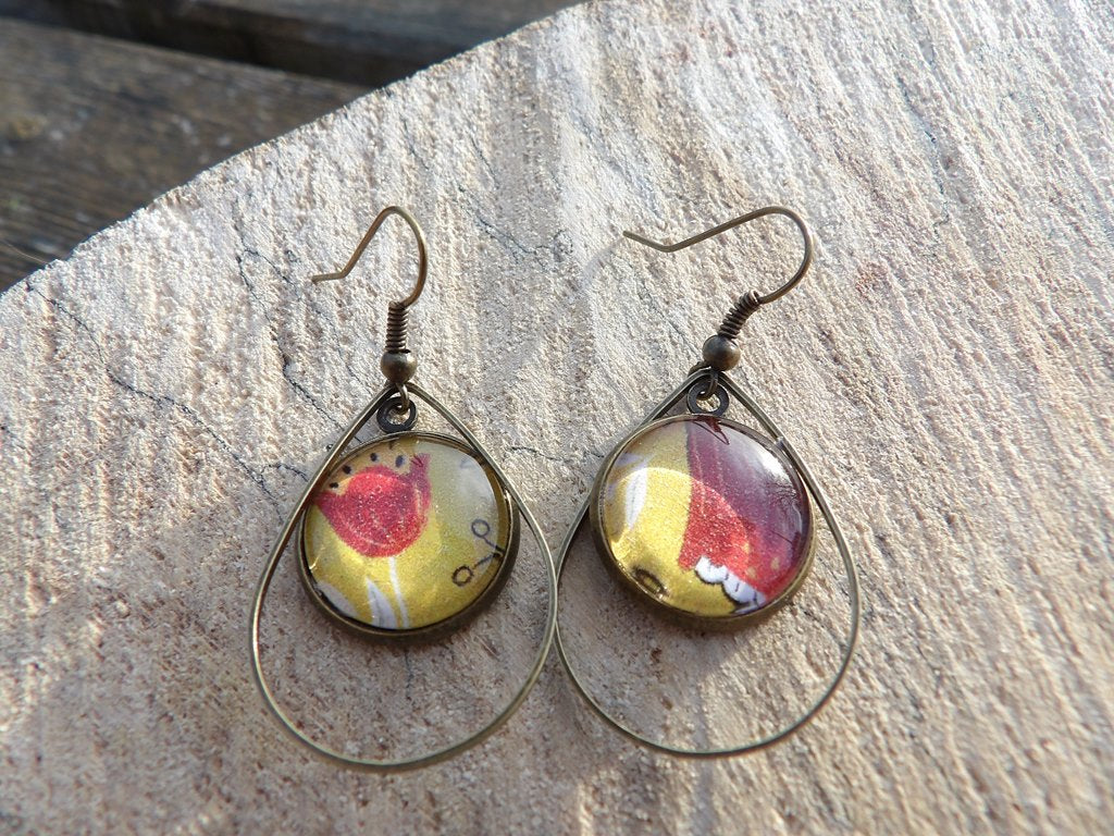 Boucles d'oreilles cabochons ronds 16mm - Bronze - Forme goutte - floral rouge et moutarde