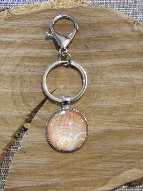 Porte-clefs cabochons 25mm - Papier japonais rose et doré