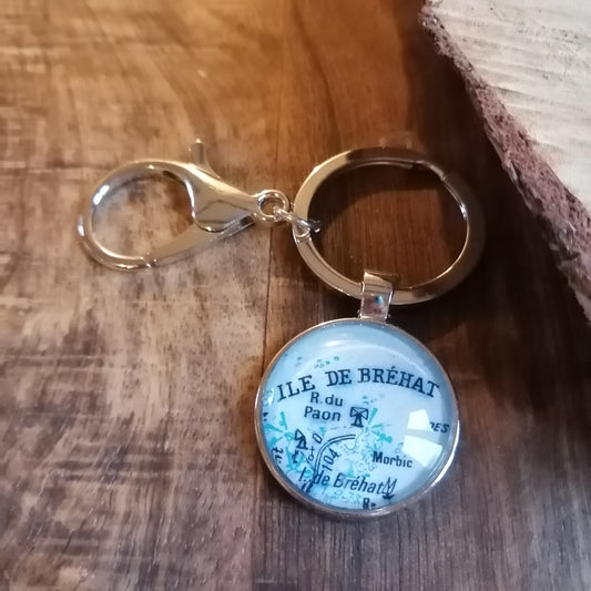 Porte-clefs cabochon 25mm - Recyclage carte routière - Ile de Bréhat (22)