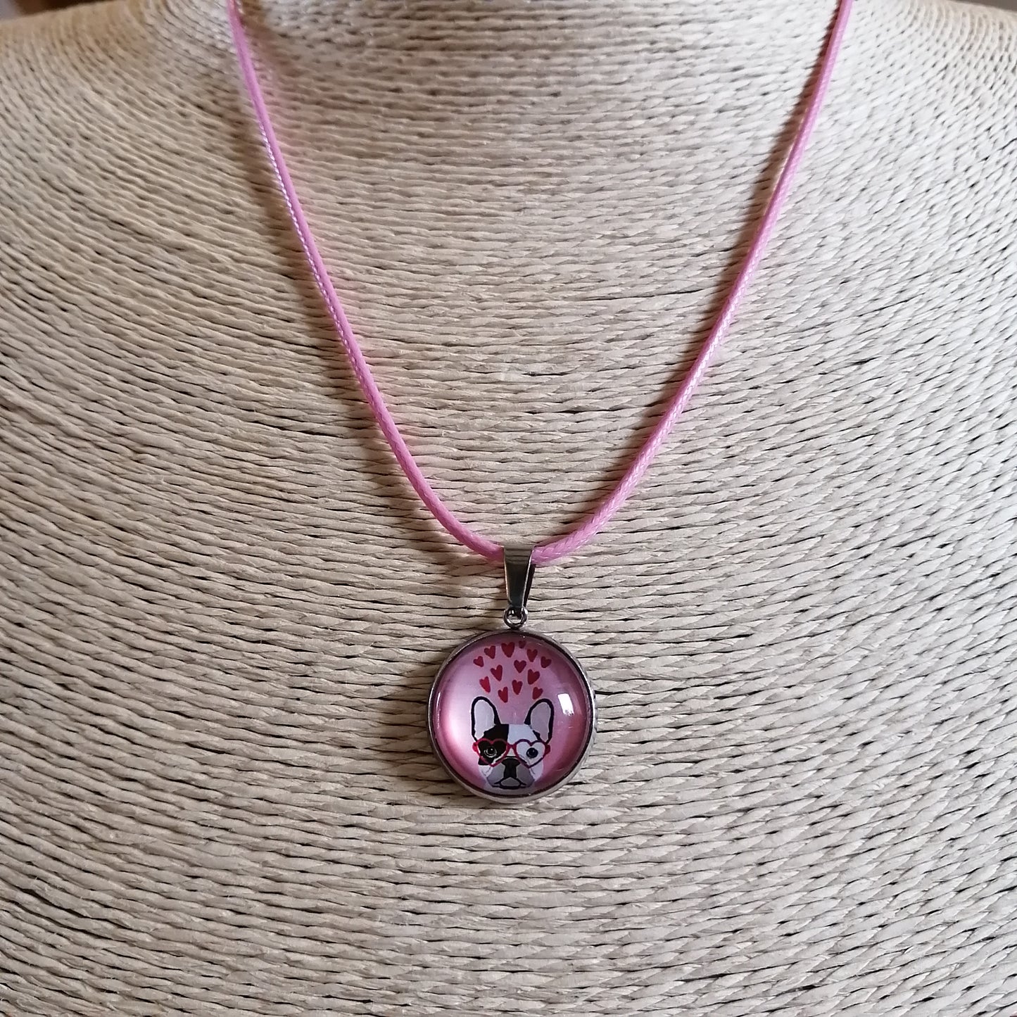 Collier enfant - chien - pendentif acier inoxydable - cordon rose