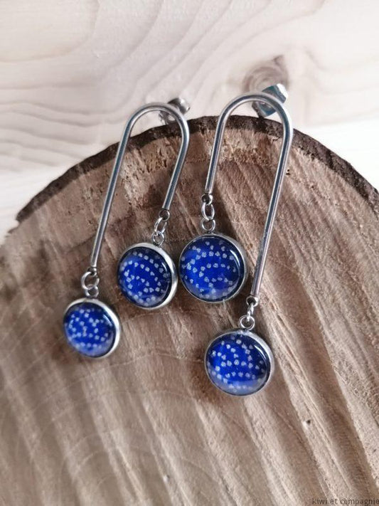 Boucle d'oreille en forme de U - acier inoxydable - double cabochon - bleu vague argentée