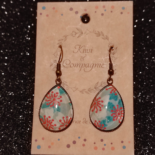 Boucles d'oreilles pendantes goutte 18x25mm - Bronze - Floral rouge, bleu et blanc