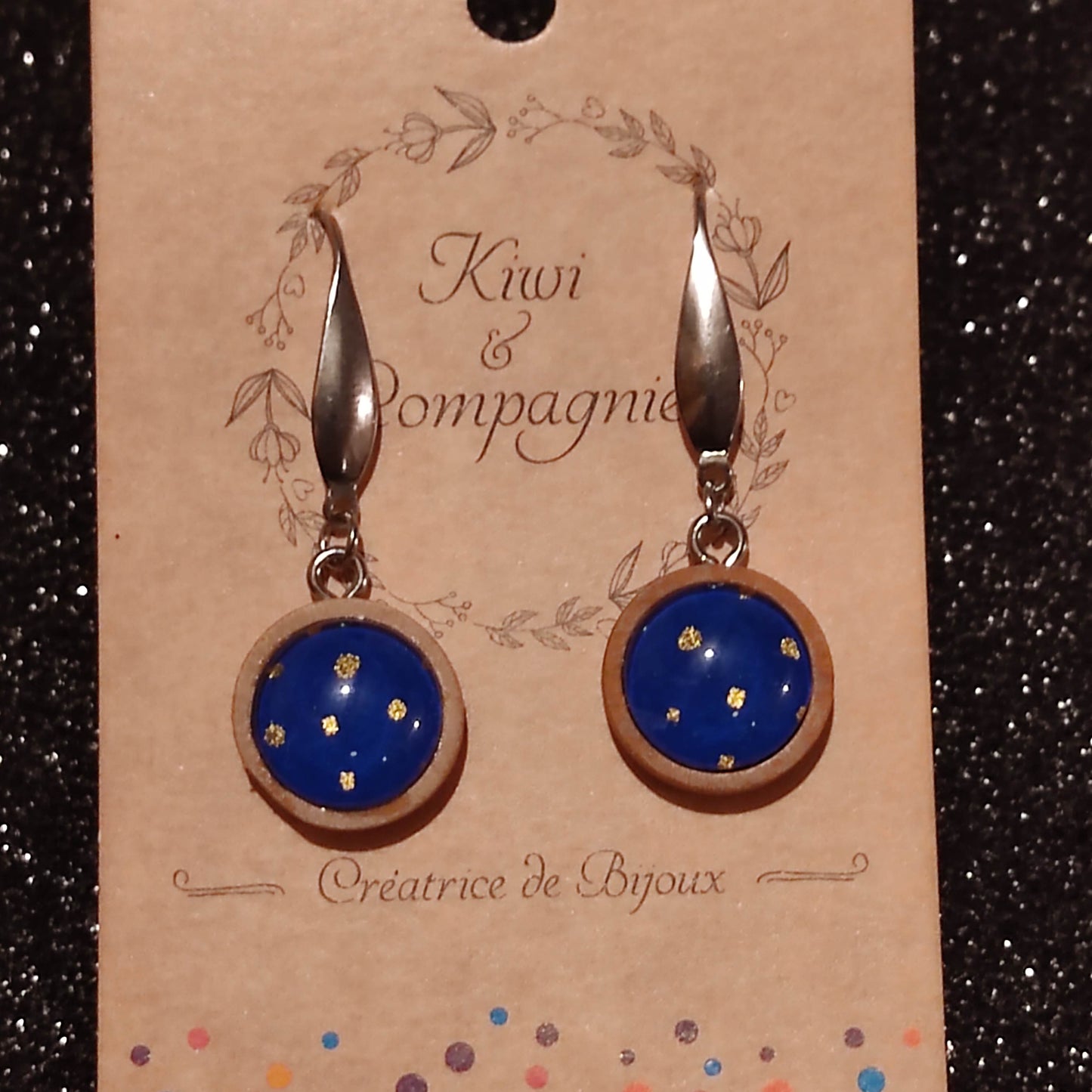 Boucles d'oreilles support bois 15mm - Pois dorés et fond bleu