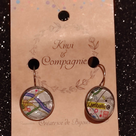 Boucles d'oreilles dormeuses rondes 16mm - Carte routière Lamballe