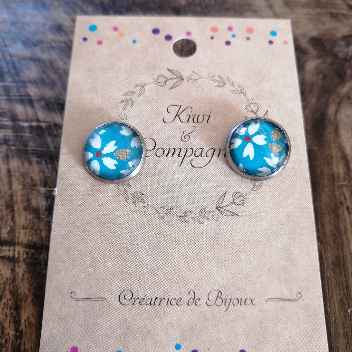 Boucles d'oreilles Puces 12mm - Acier inoxydable - Papier japonais fleur blanche fond turquoise