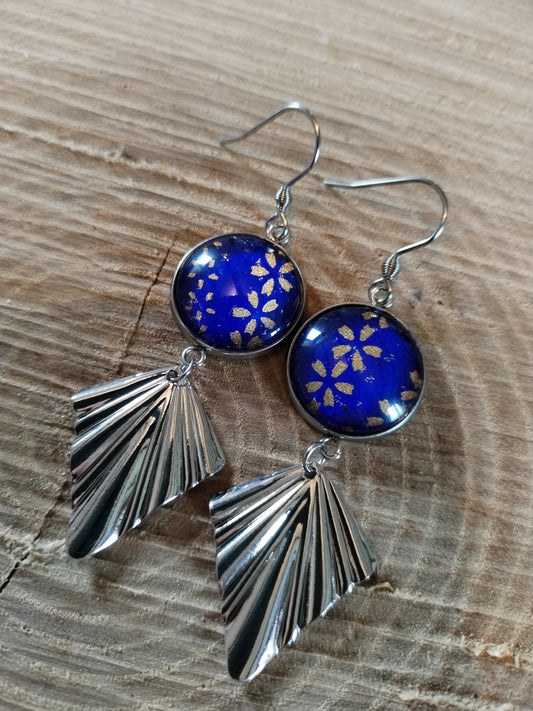 Boucles d'oreilles cabochons ronds 16mm - Acier inoxydable - papier japonais floral doré et bleu - breloque losange
