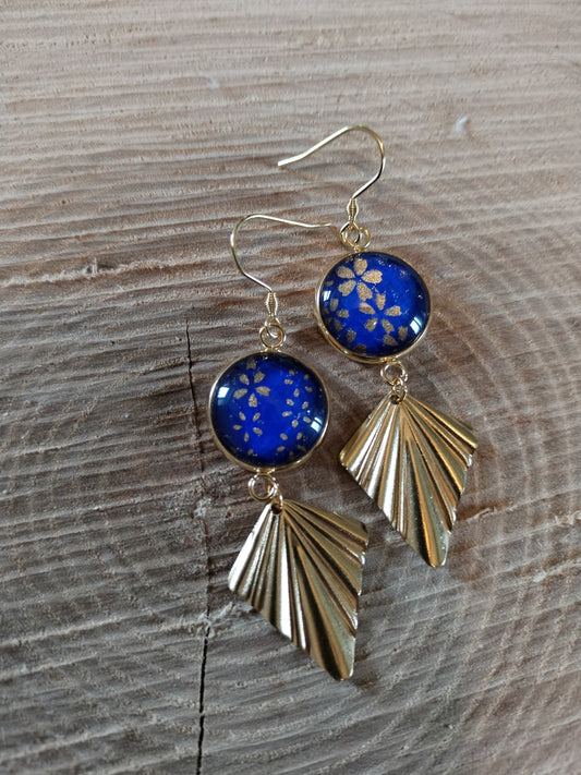 Boucles d'oreilles cabochons ronds 16mm - Acier inoxydable doré - papier japonais floral doré et bleu - breloque losange