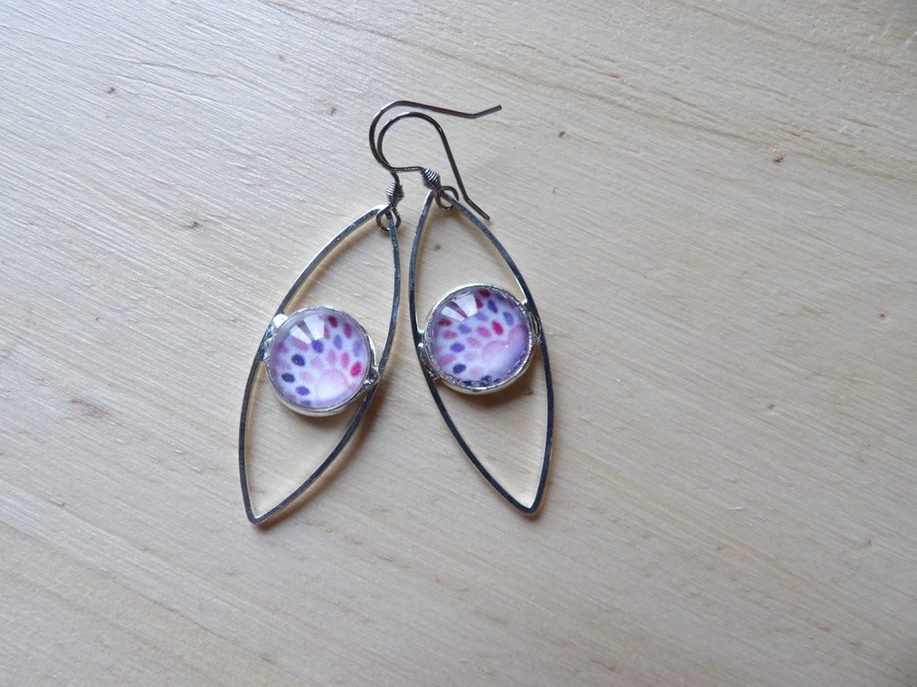Boucles d'oreilles oeil cabochon 12mm - Métal argenté - coeur blanc rose et violet
