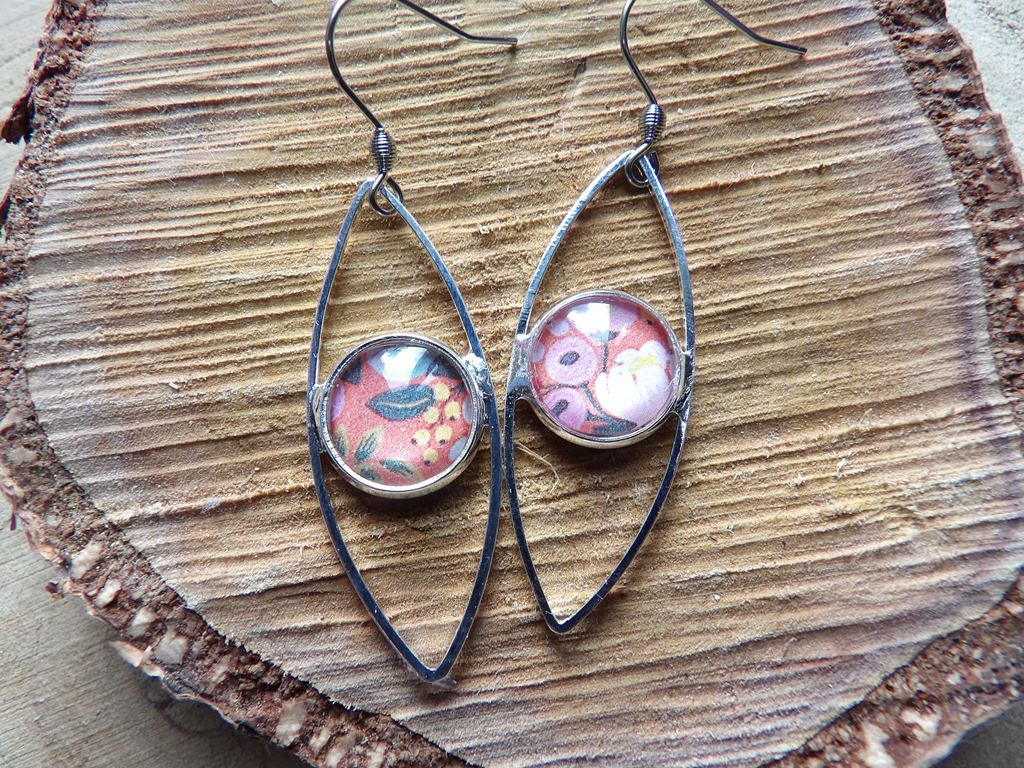Boucles d'oreilles oeil cabochon 12mm - Métal argenté - floral japonais