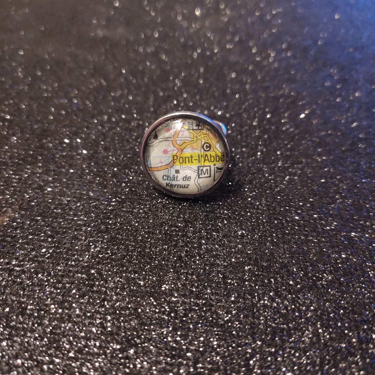 Pont l'Abbé (29) - Bague ajustable ronde cabochon 20mm - Recyclage carte routière