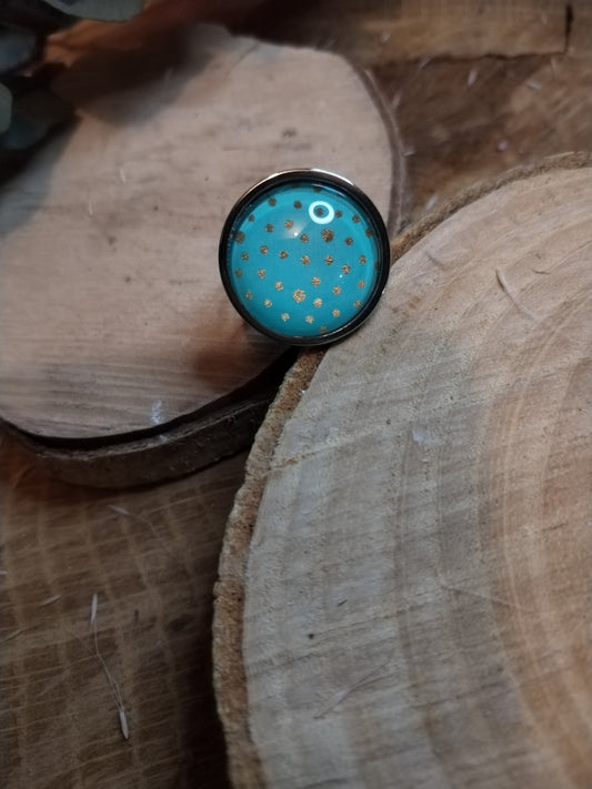 Bague ajustable ronde cabochon 20 mm - Acier inoxydable  turquoise pois dorés