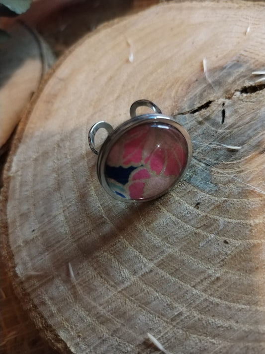 Bague ajustable ronde cabochon 20 mm - Acier inoxydable - Fleurs roses et dorées, fond bleu