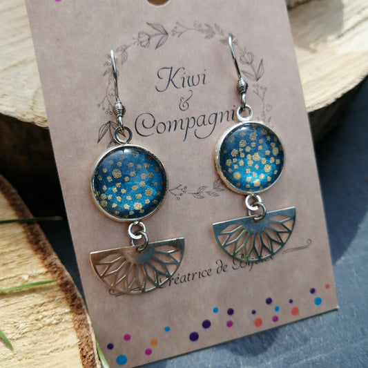 Boucles d'oreilles cabochons 14mm - Métal argenté - pois dorés et vert sapin