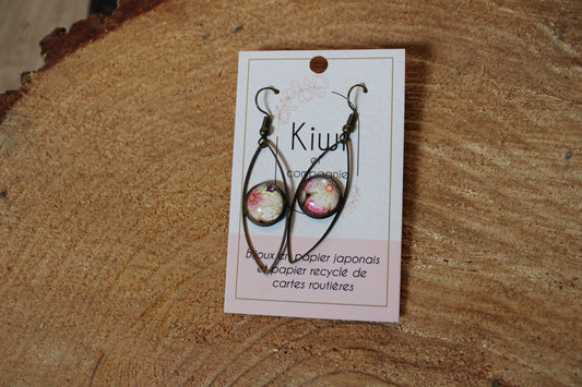 Boucles d'oreilles oeil cabochon 12mm - Bronze - Papier japonais fleurs blanches et roses, fond violet