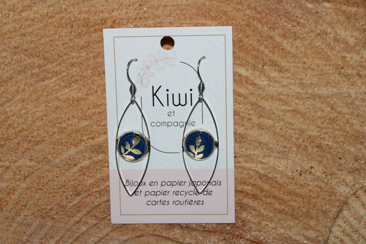 Boucles d'oreilles oeil cabochon 12mm - Métal Argenté - Papier japonais, feuilles dorées fond bleu