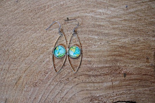Boucles d'oreilles oeil cabochon 12mm - Métal Argenté - Feuilles vertes, jaunes et turquoises