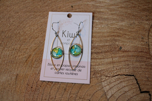 Boucles d'oreilles oeil cabochon 12mm - Métal Argenté - Feuilles vertes, jaunes et turquoises