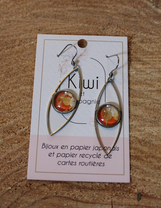 Boucles d'oreilles oeil cabochon 12mm - Métal Argenté - Papier japonais orange et doré