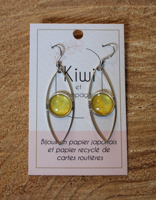 Boucles d'oreilles oeil cabochon 12mm - Métal Argenté - Papier japonais jaune nacré